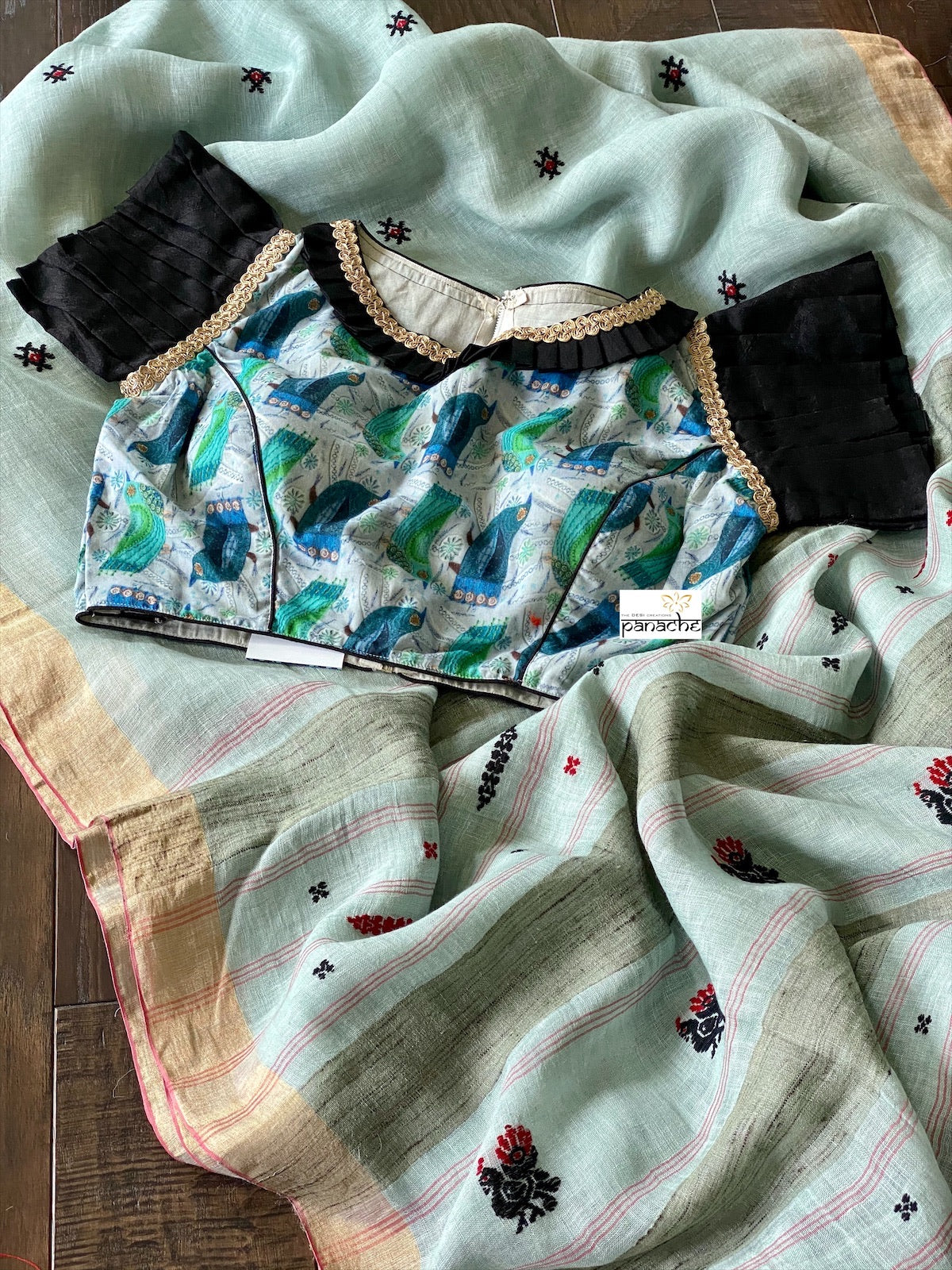Designer Blouse - Sea Green Bird Design