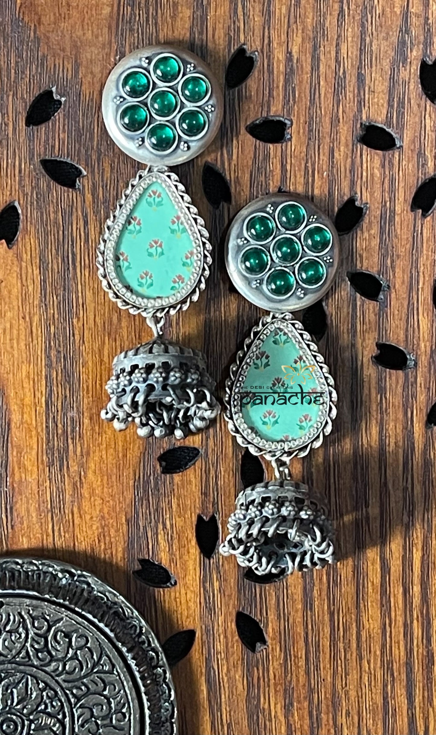 Earring 925 Silver- Hand Painted Green Kundan
