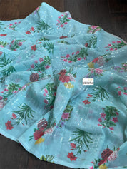 Designer Georgette Sequin Floral  - Sea Blue