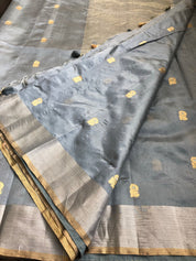 Pure Chanderi Silk - Grey Silver Meenakari