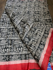 Pure Murshidabad Silk - Black White Red Printed