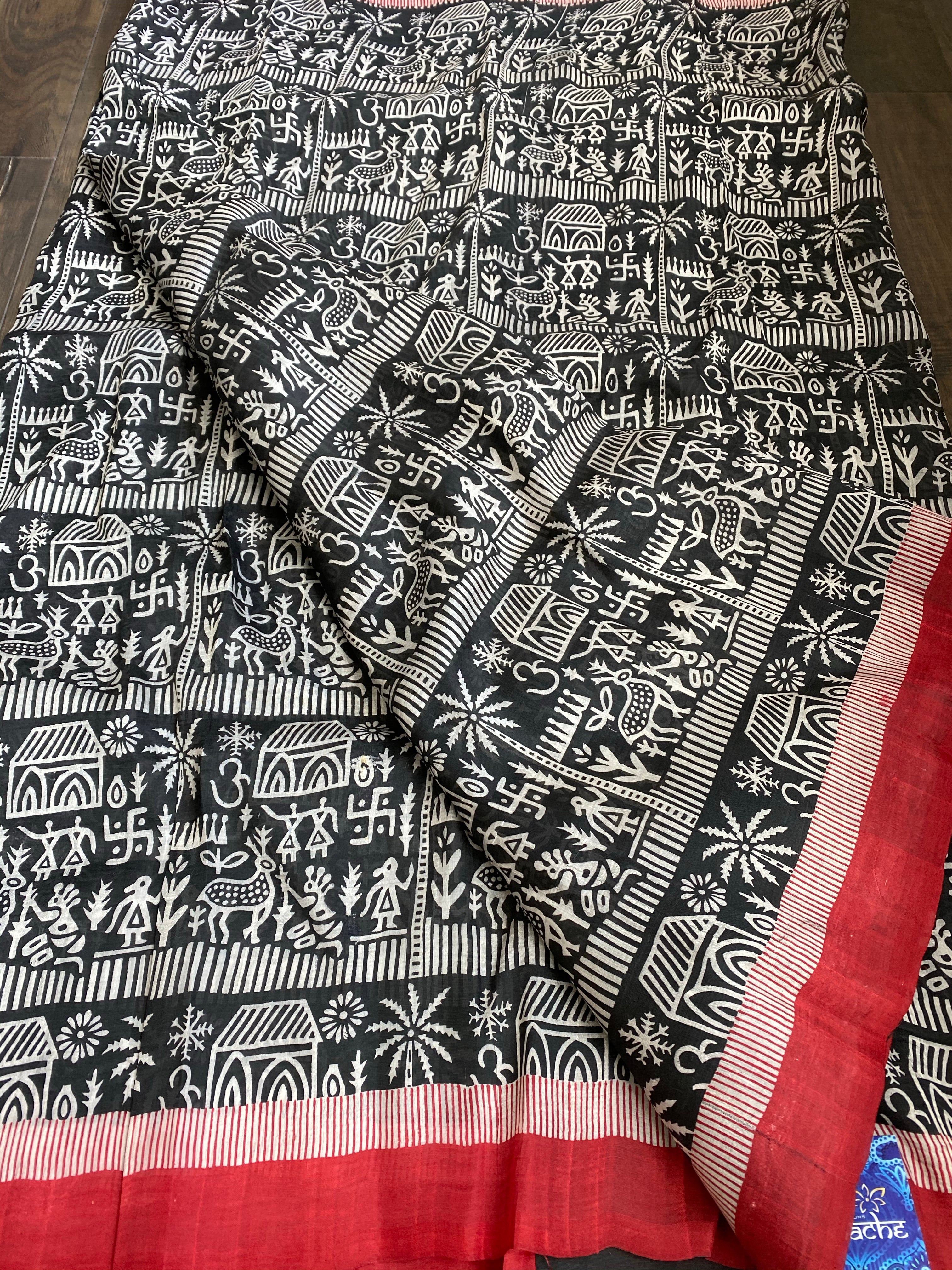 Pure Murshidabad Silk - Black White Red Printed