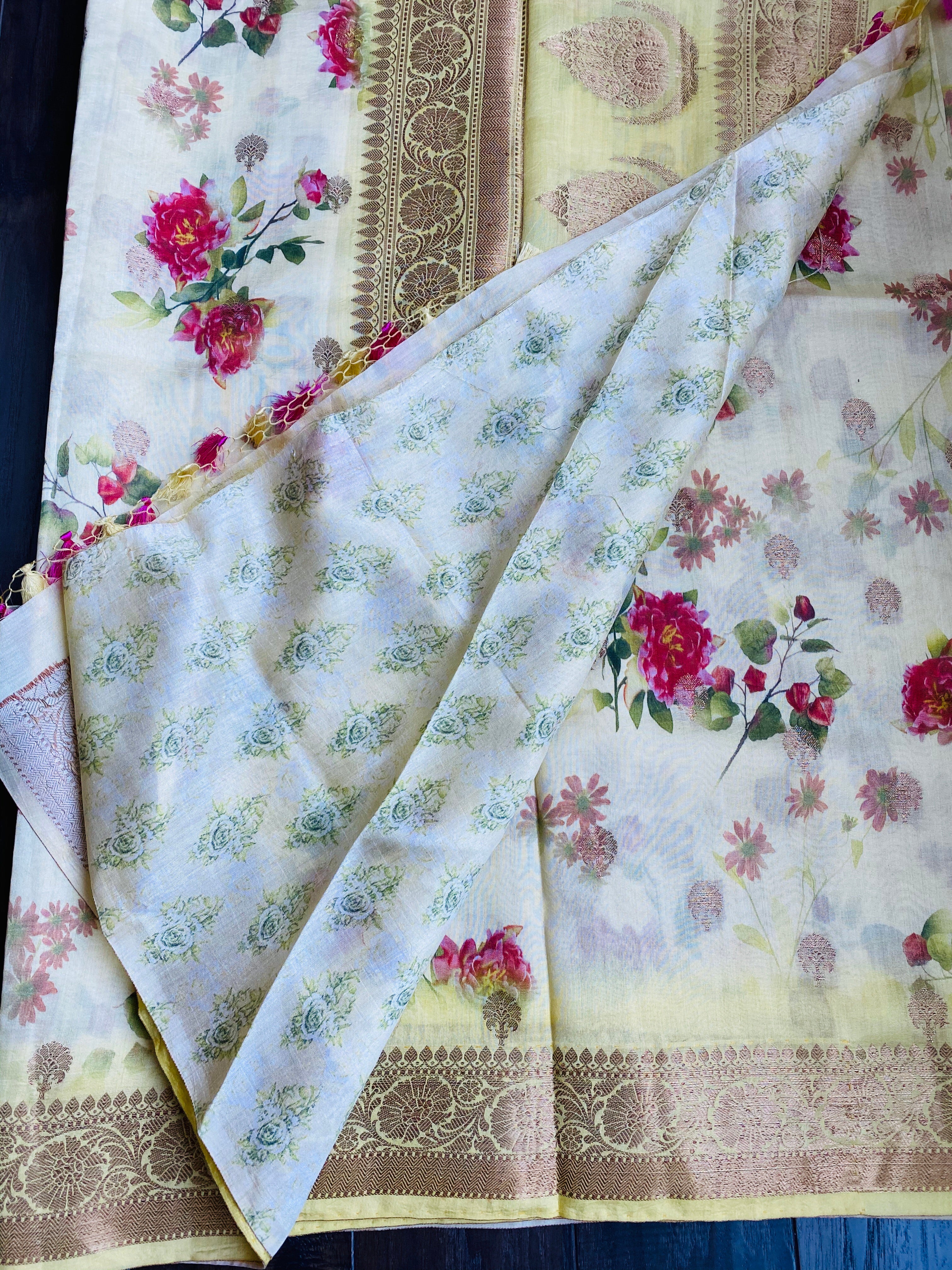 Chiniya Silk Banarasi Floral - Lemon Yellow Golden Zari