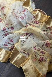 Banarasi Organza Floral - Light Brown Golden Zari Checks