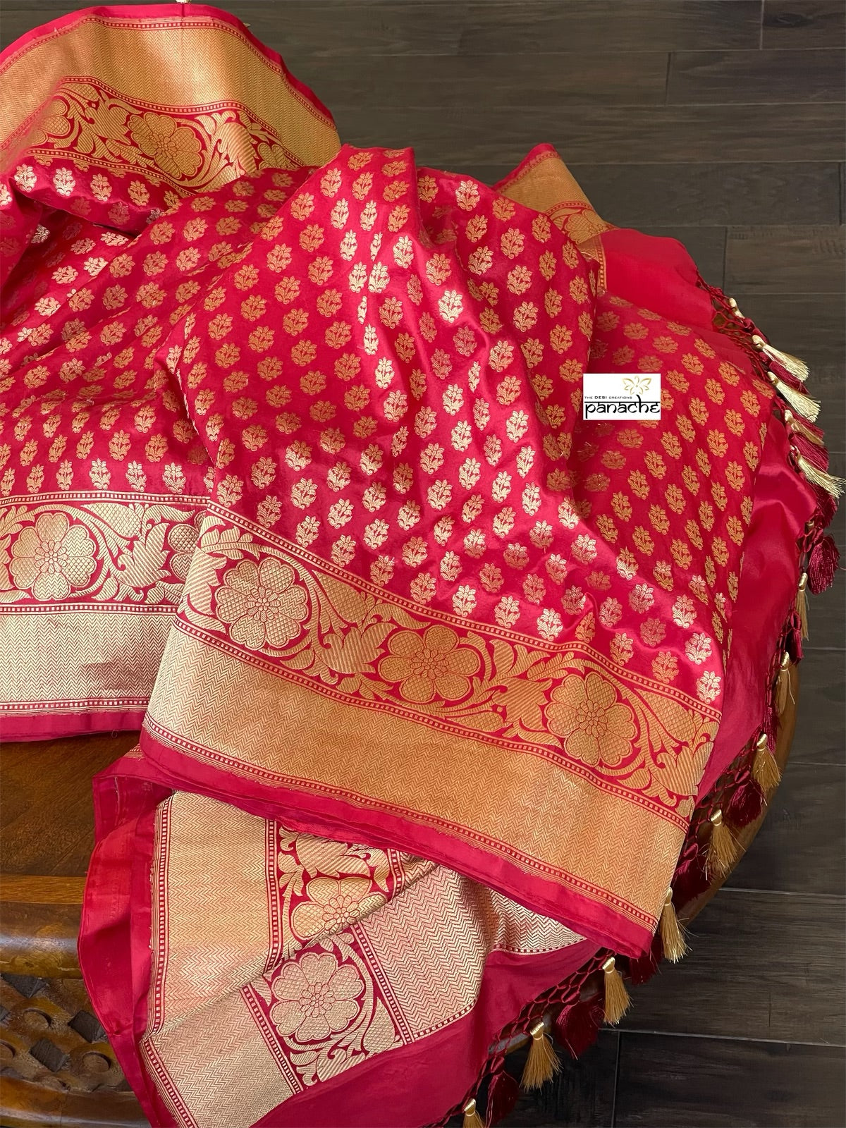 Pure Silk Banarasi - Red Buttidaar Antique Golden Zari
