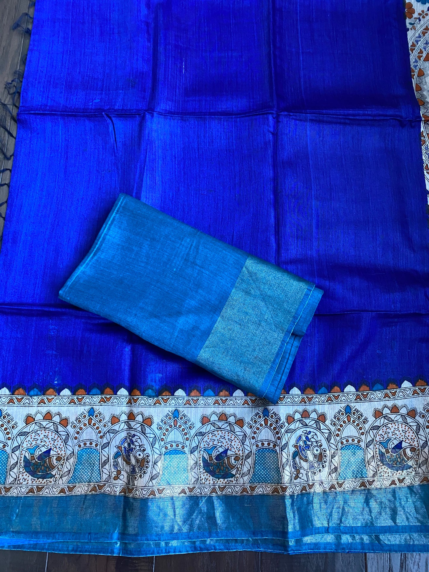 Muga Silk - Royal Blue Madhubani Printed