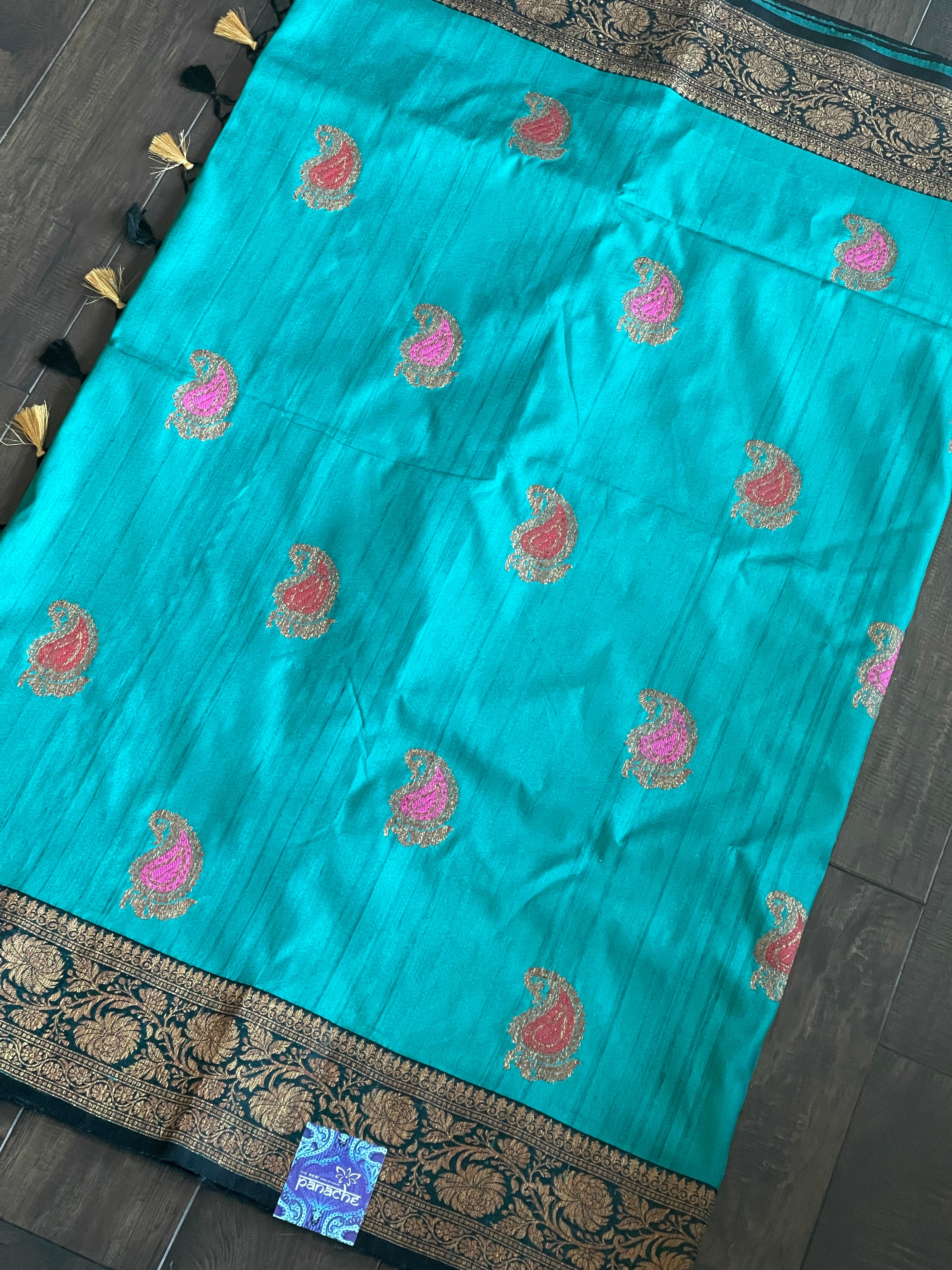 Tussar Silk Banarasi - Firozi Blue Black Meenakari