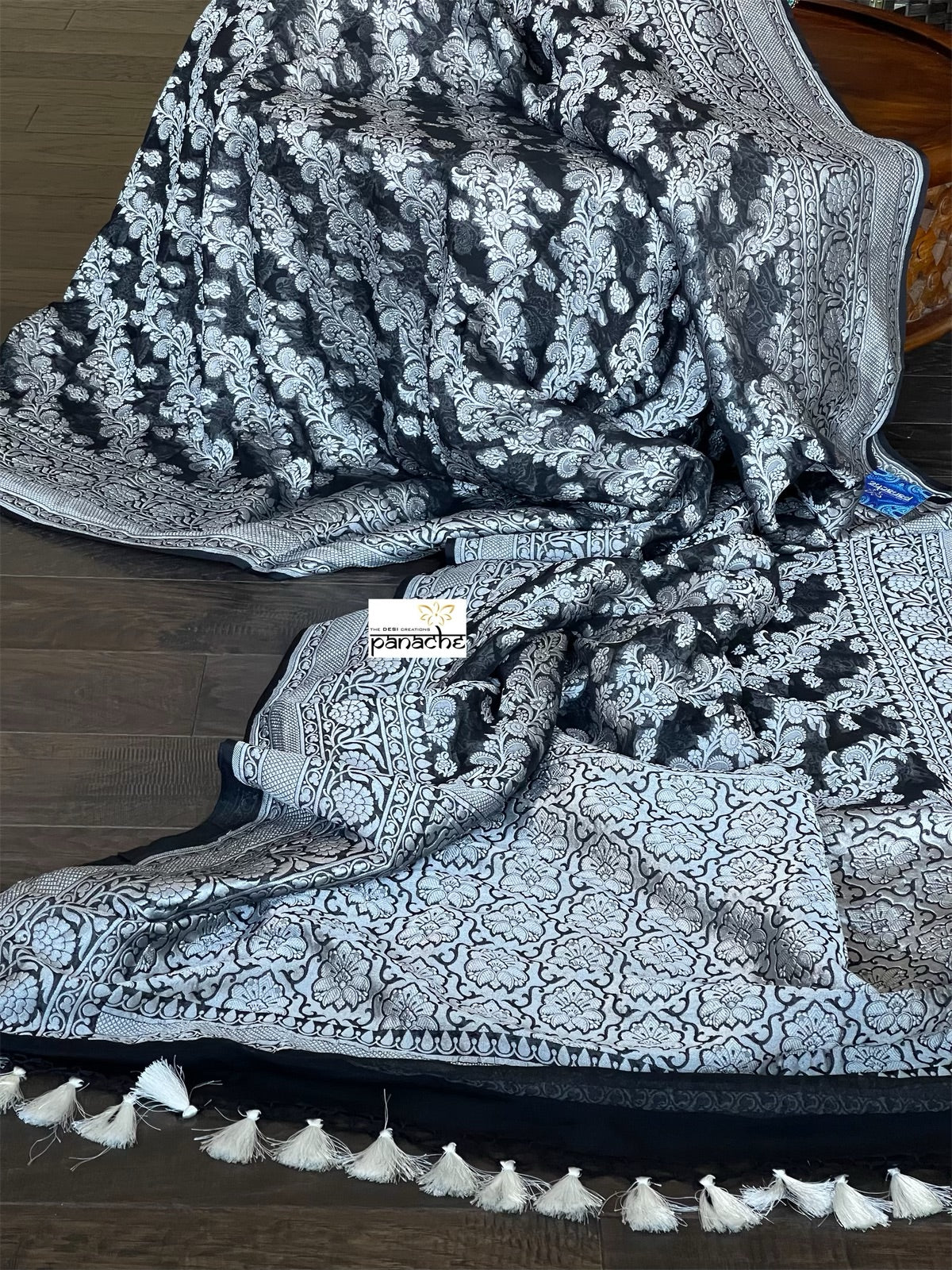 Khaddi Georgette Banarasi - Black Silver Zari