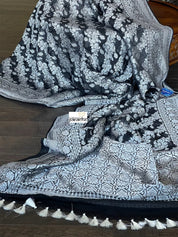 Khaddi Georgette Banarasi - Black Silver Zari