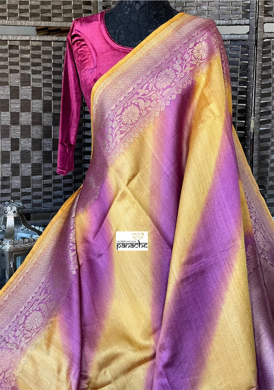 Tussar Silk Banarasi Shaded - Yellow Purple Antique Golden Zari