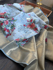 Mulmul Banarasi Floral - Grey Multi color