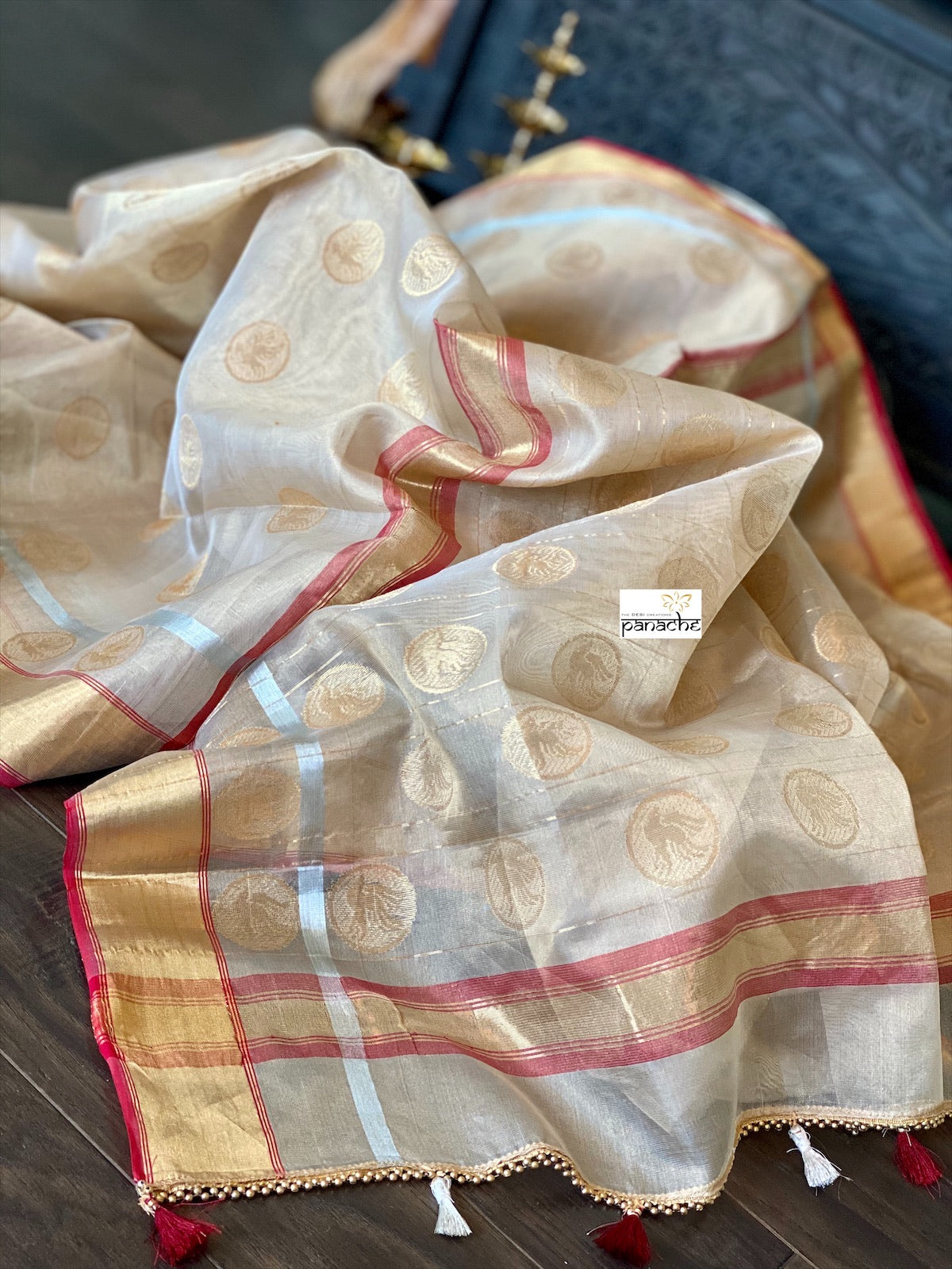 Tissue Chanderi Silk - Golden Beige Maroon