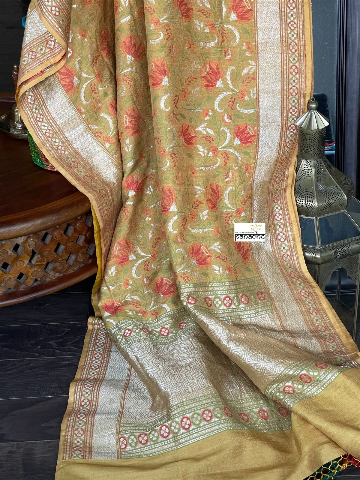 Tussar Georgette Banarasi - Ochre Yellow Green Kadwa