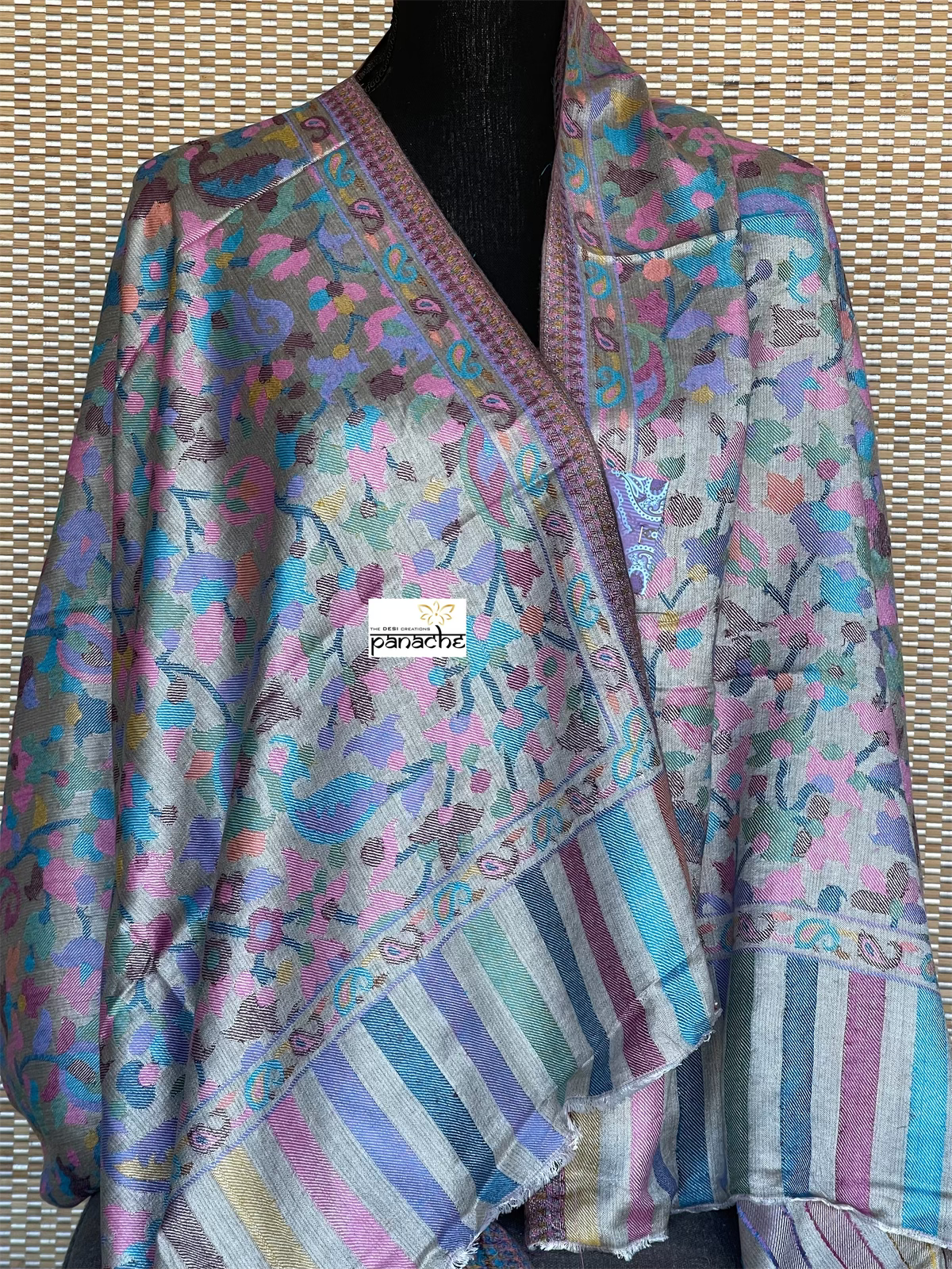 Kashmiri Kani Work Stole - Silver Grey Resham Woven Paisley