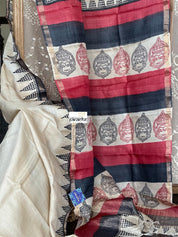 Pure Tussar Silk Printed -  Beige Red Black