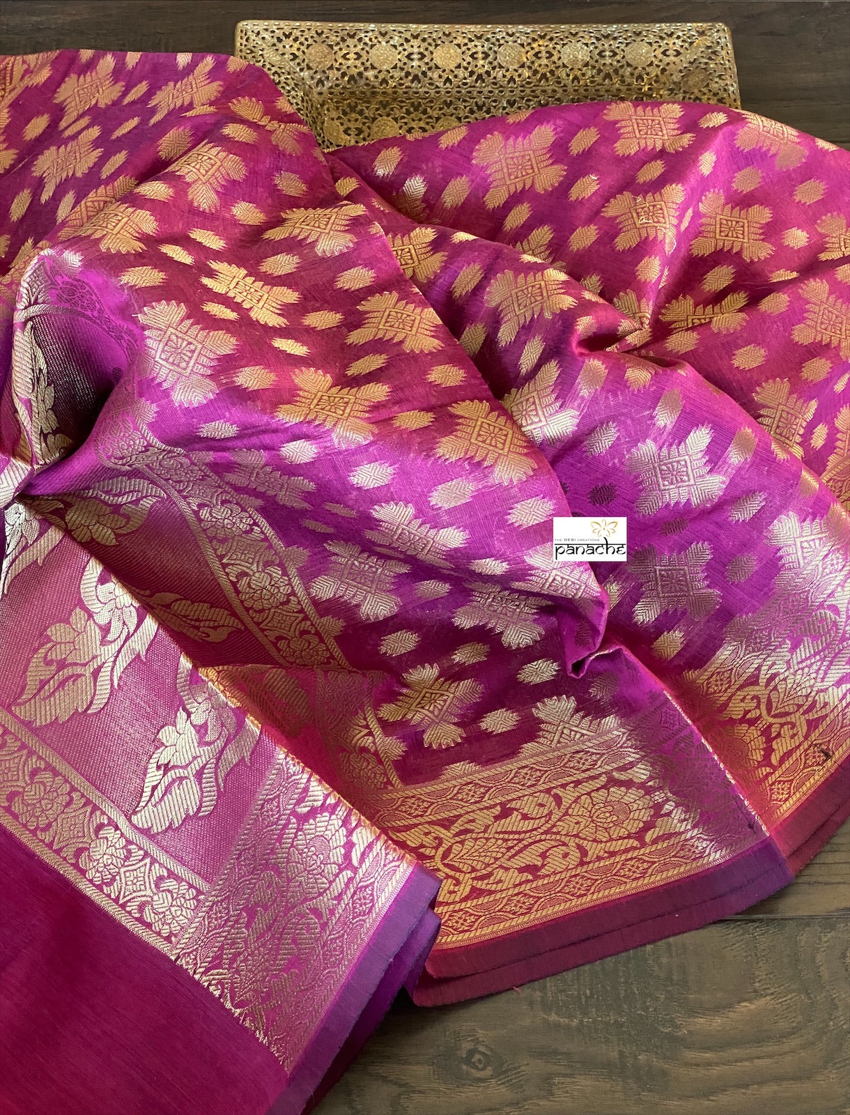 Silk Cotton Dupatta - Magenta Golden Zari