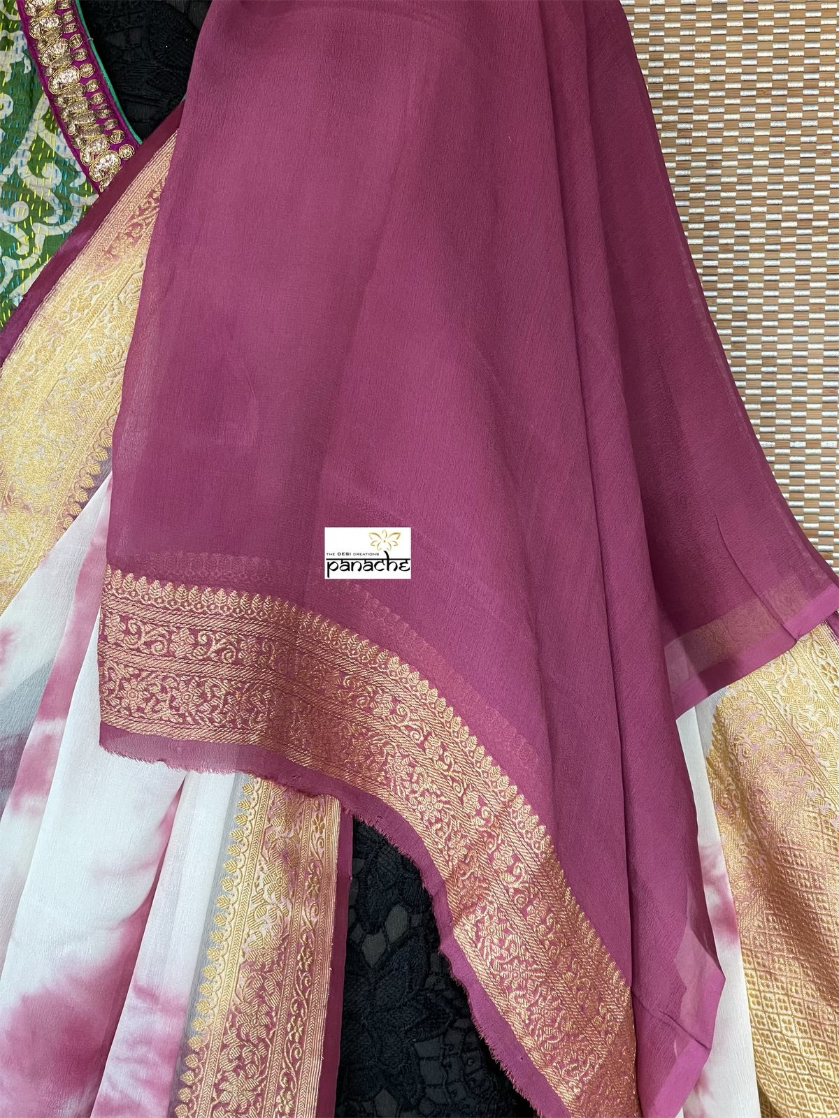 Khaddi Georgette Banarasi - Off-White Wine Purple Tie-dye Khadhua Woven