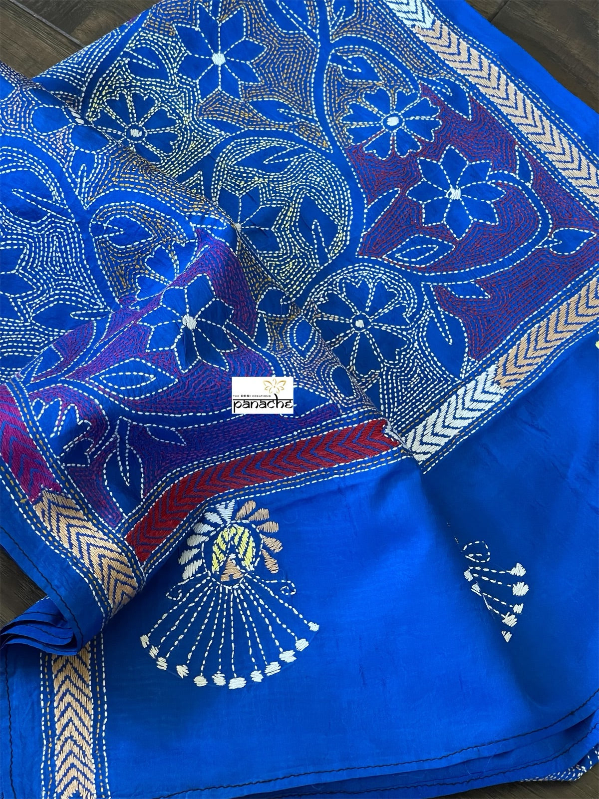 Pure Khadi Silk Stole - Royal Blue Kantha Stitch