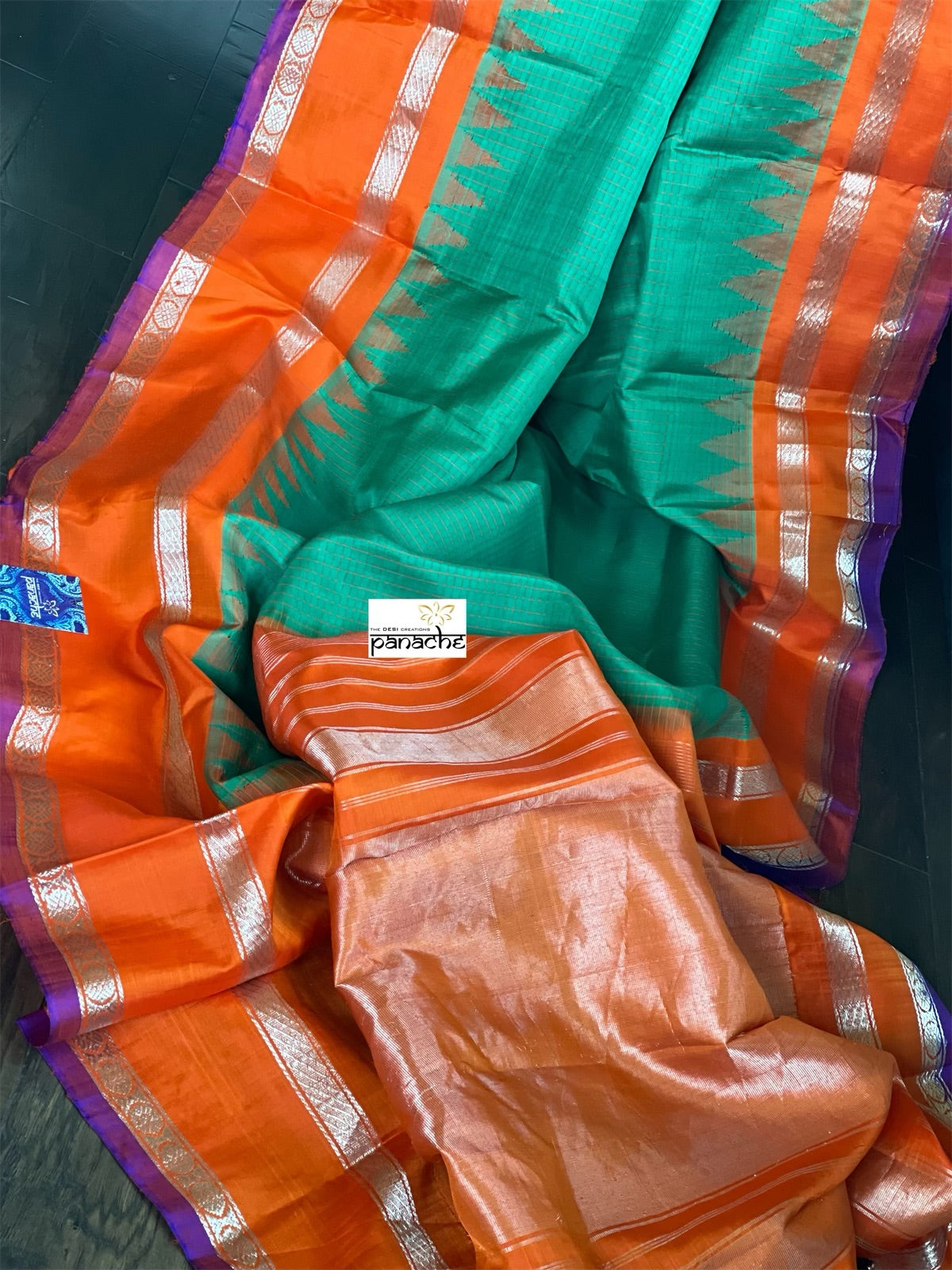 Silk Gadwal - Green Orange Checkered Golden Zari