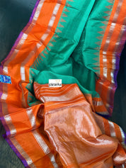 Silk Gadwal - Green Orange Checkered Golden Zari