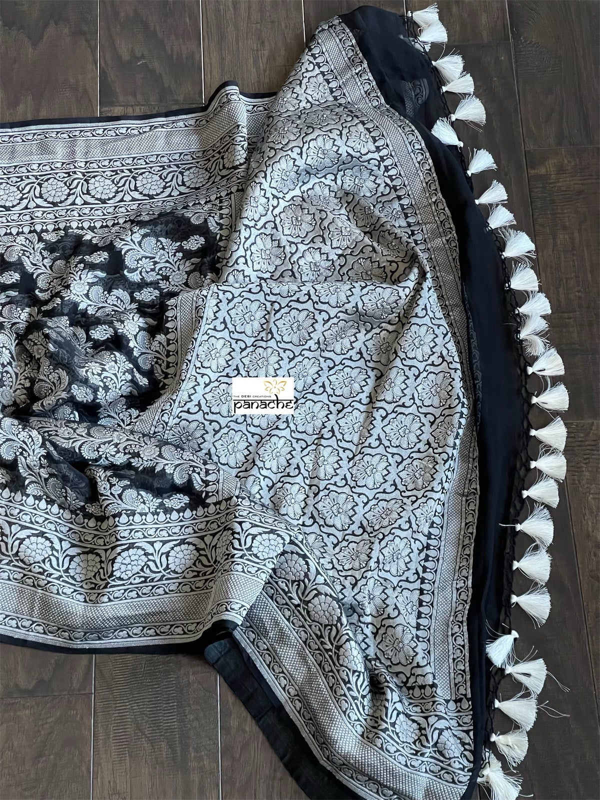 Khaddi Georgette Banarasi - Black Silver Zari