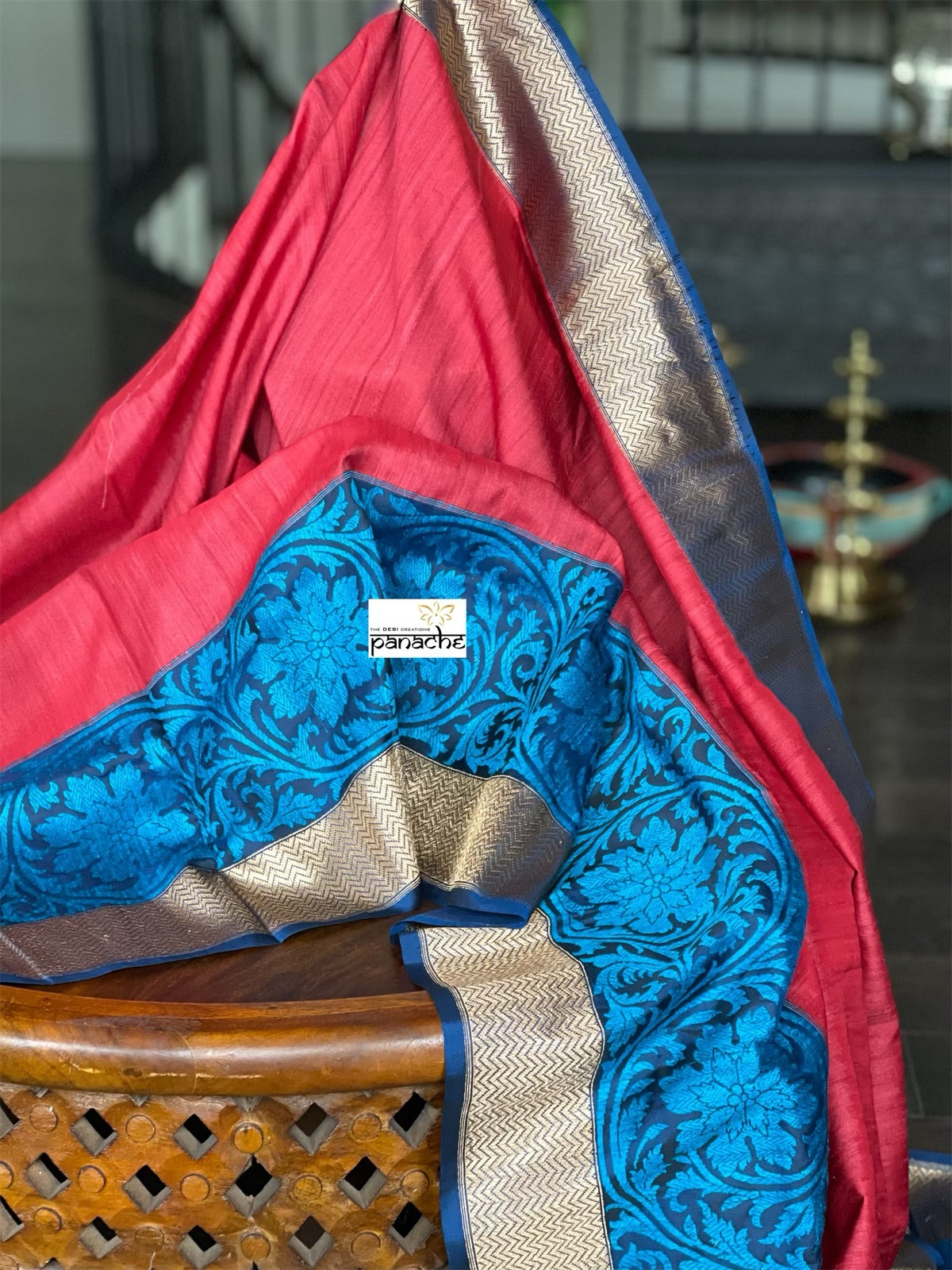 Tussar Silk Banarasi - Red Blue Kadwa