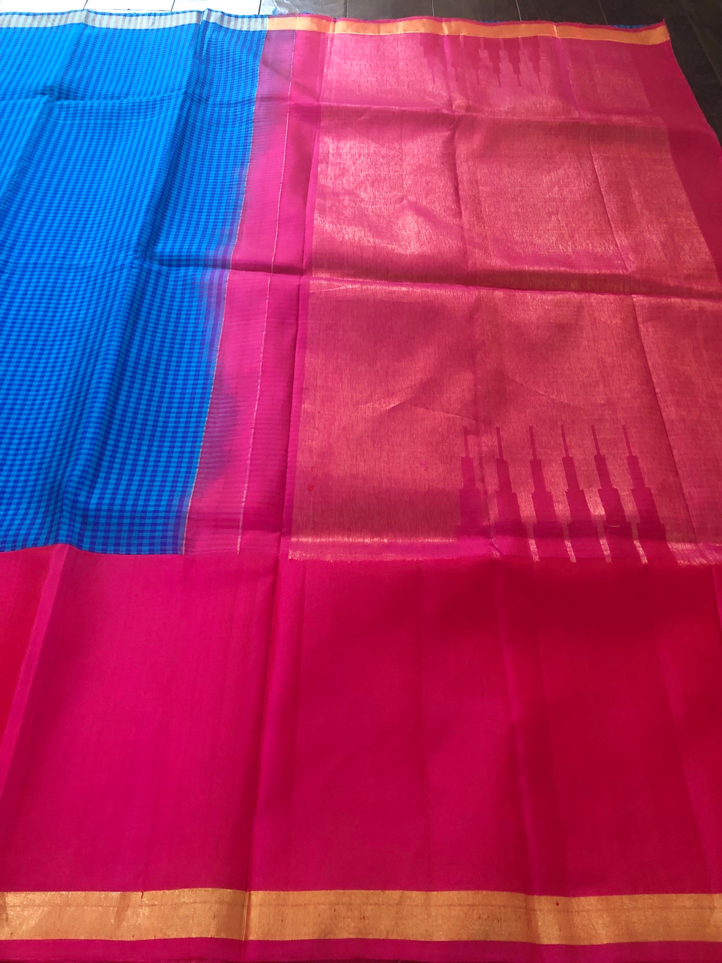 Pure Silk Kanjivaram - Royal Blue Checkered Hot Pink