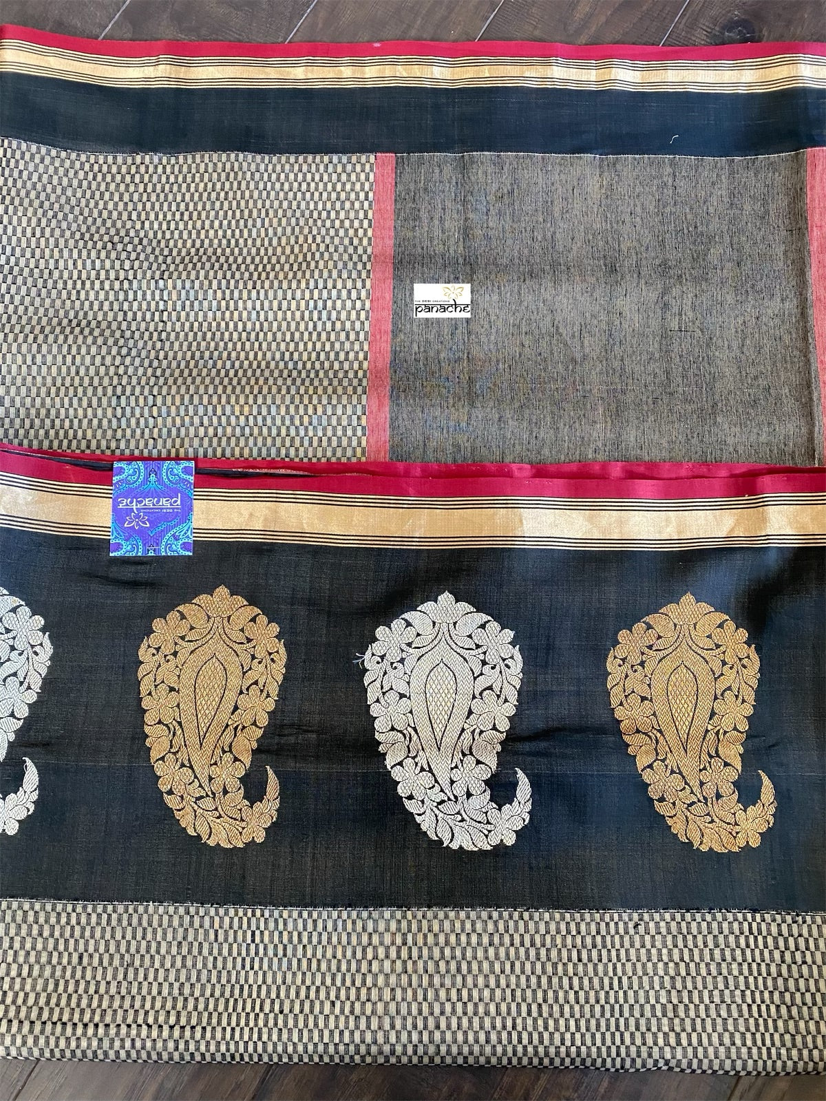 Pure Cotton Banarasi - Black Grey Red Khadwa Woven