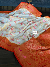 Khaddi Tussar Banarasi - Tilfi woven Beige Orange Multi Meenakari