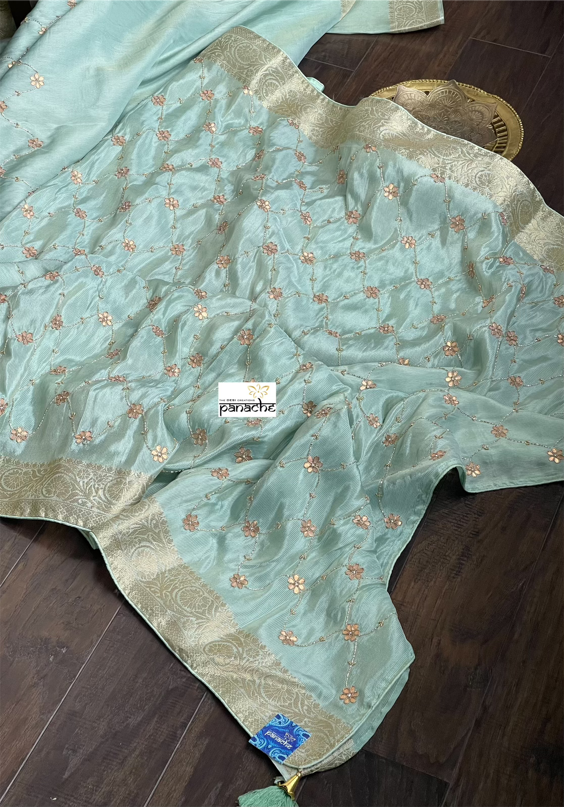Designer Tissue Soft Silk - Sea Blue Gold Zari