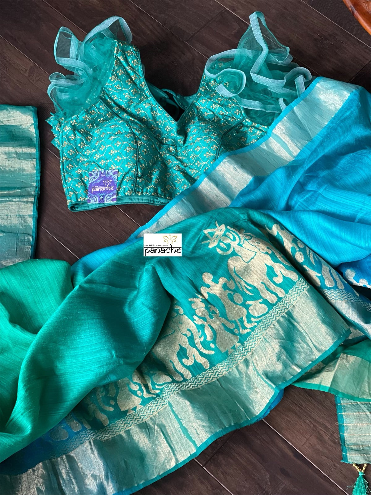 Raw Silk Banarasi - Firozi Blue Sea Green Shaded