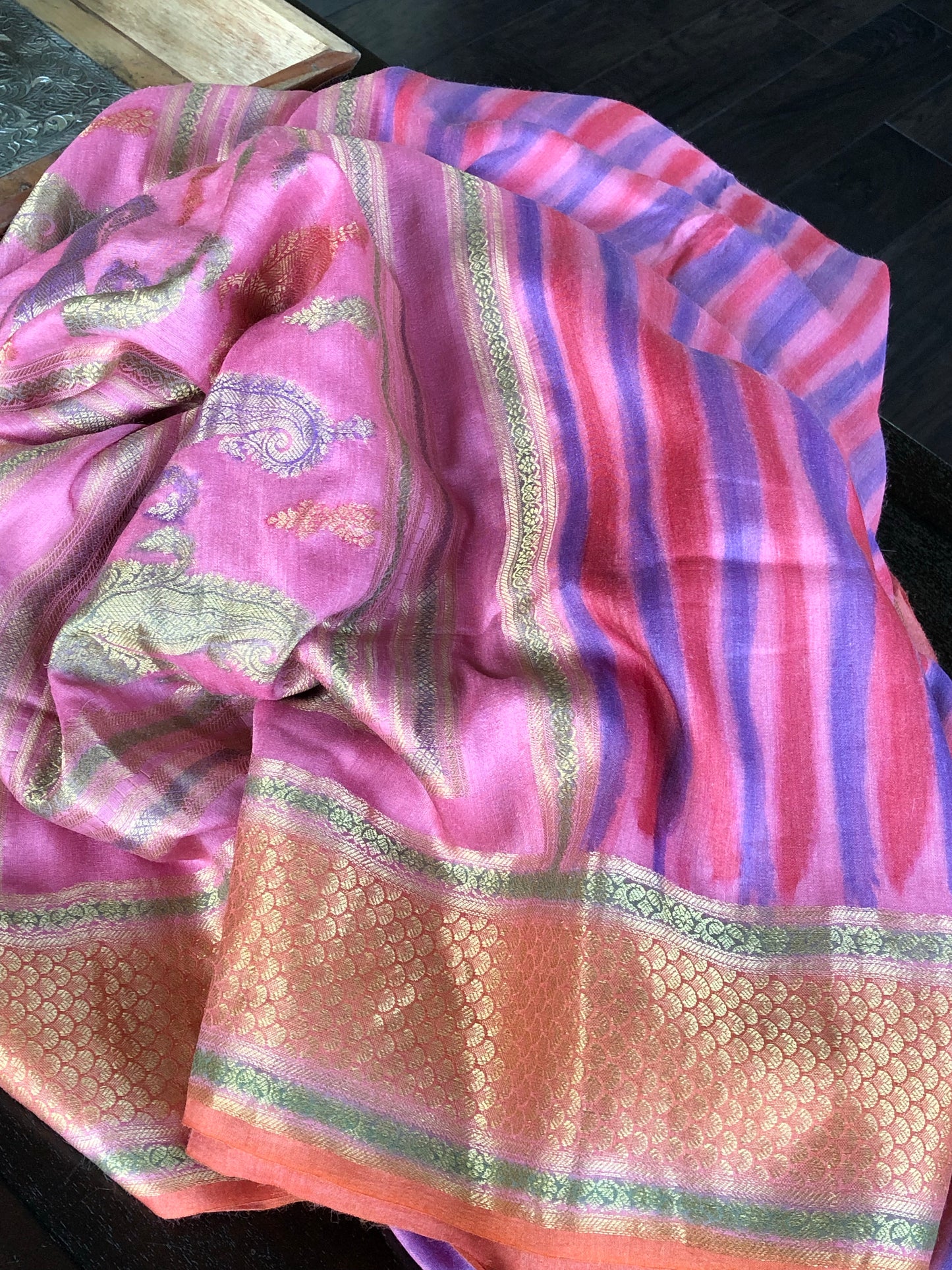 Muga Silk Banarasi - Pink Purplish Blue Tie Dye