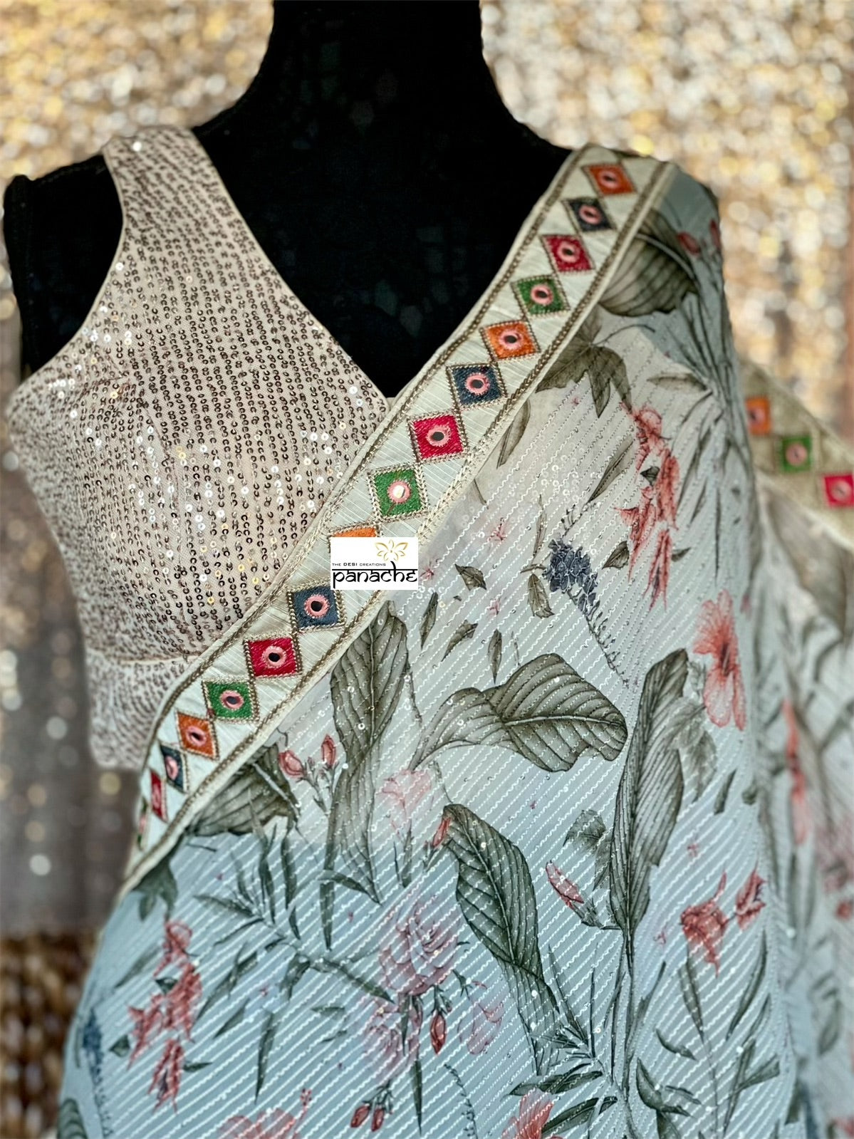 Designer Georgette Saree - Cream Floral Sequin