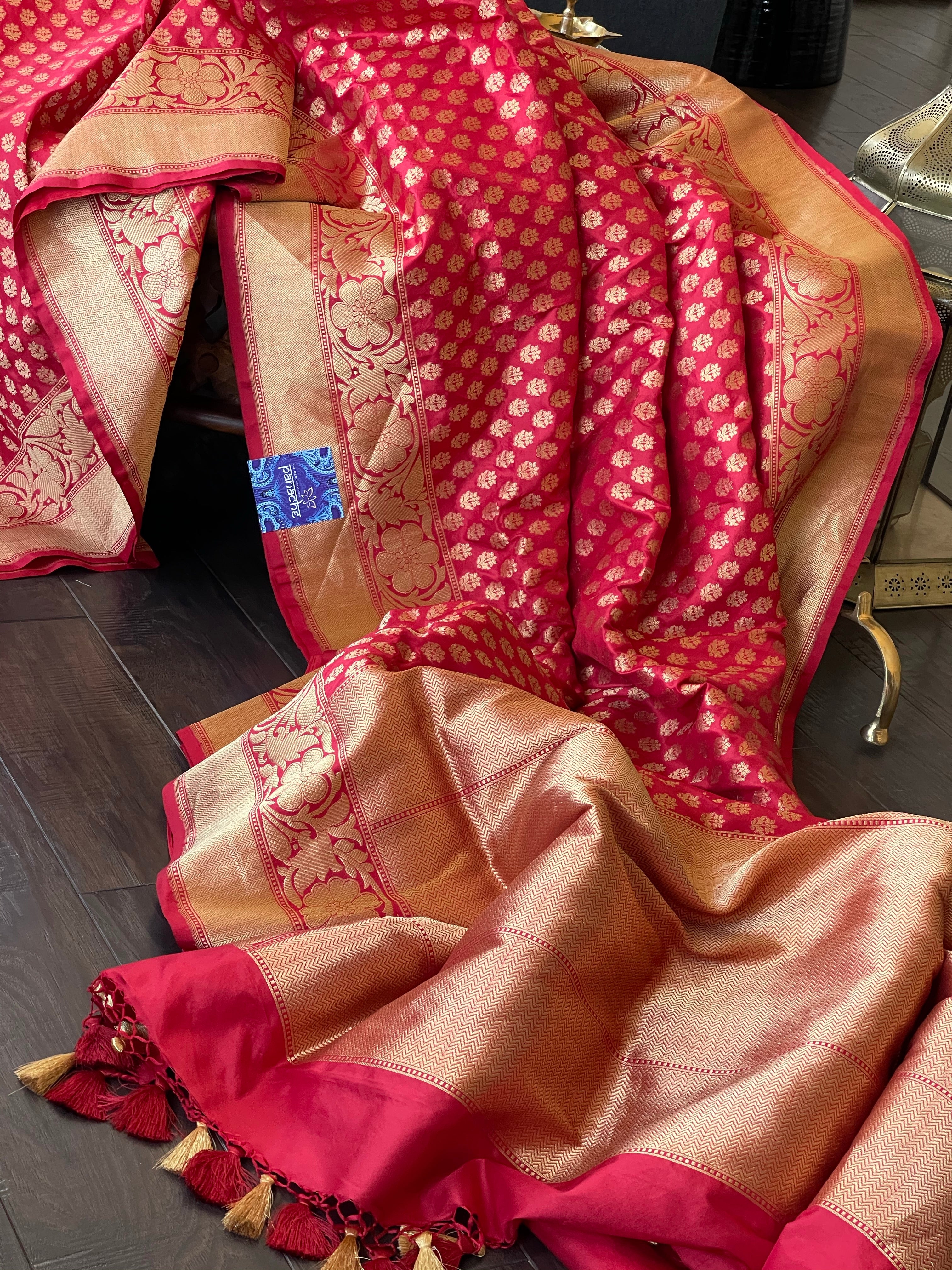 Pure Silk Banarasi - Red Buttidaar Antique Golden Zari