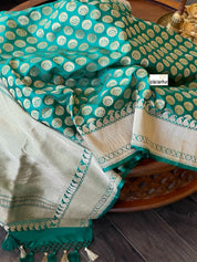 Pure Silk Banarasi - Teal Green Chand Buta Antique Golden Zari