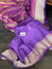 Pure Malmal Cotton Banarasi - Purple Striped Kadwa Zari Woven