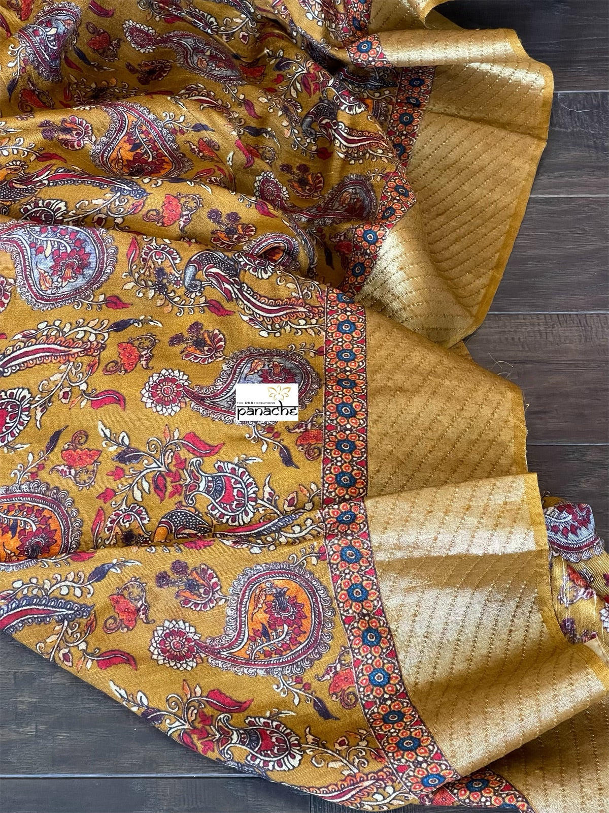 Tussar Gicha Silk - Ochre Yellow Brown  Kalamkari Printed