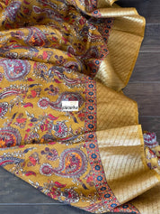 Tussar Gicha Silk - Ochre Yellow Brown  Kalamkari Printed