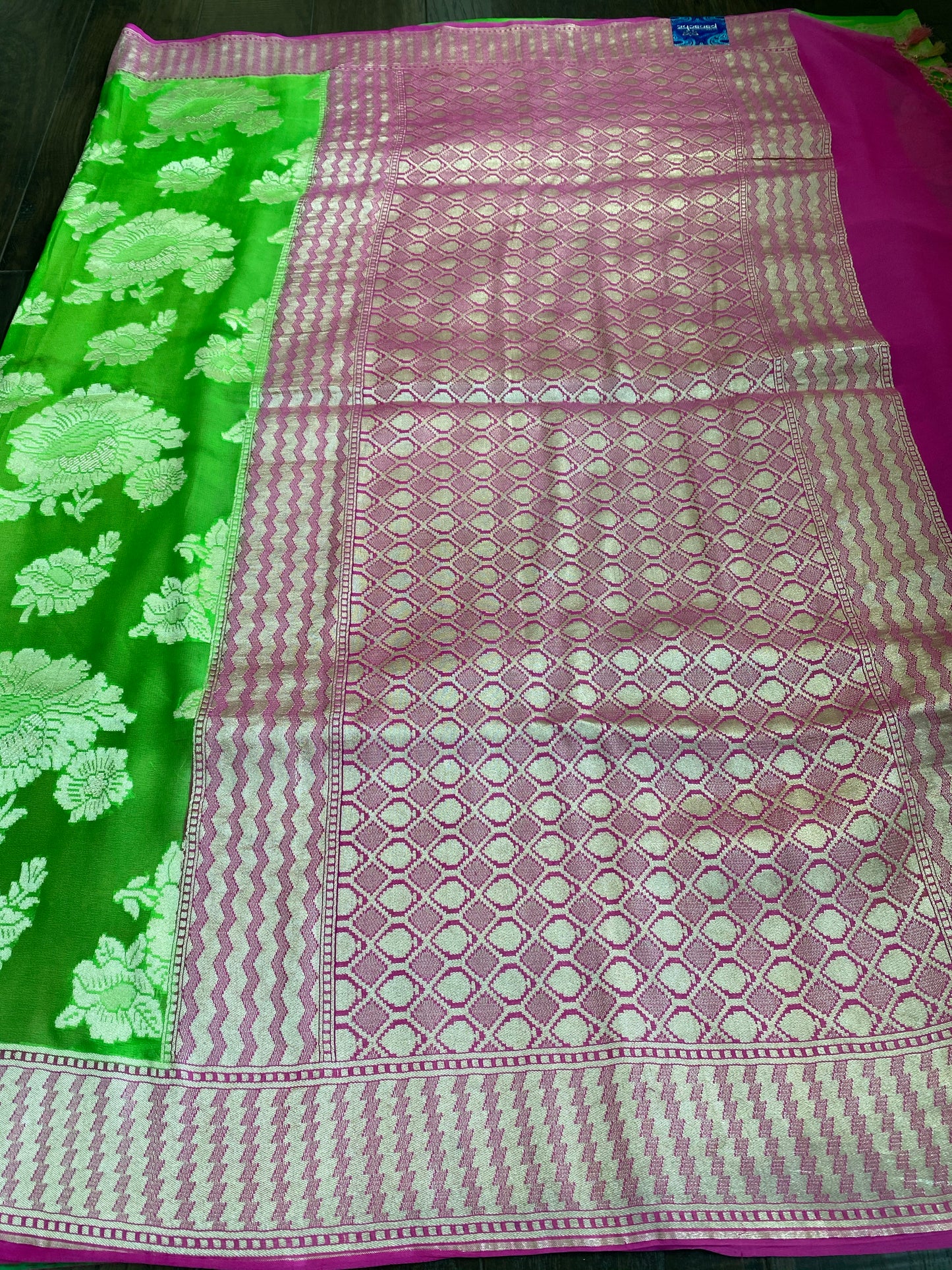Khaddi Georgette Banarasi - Green Pink
