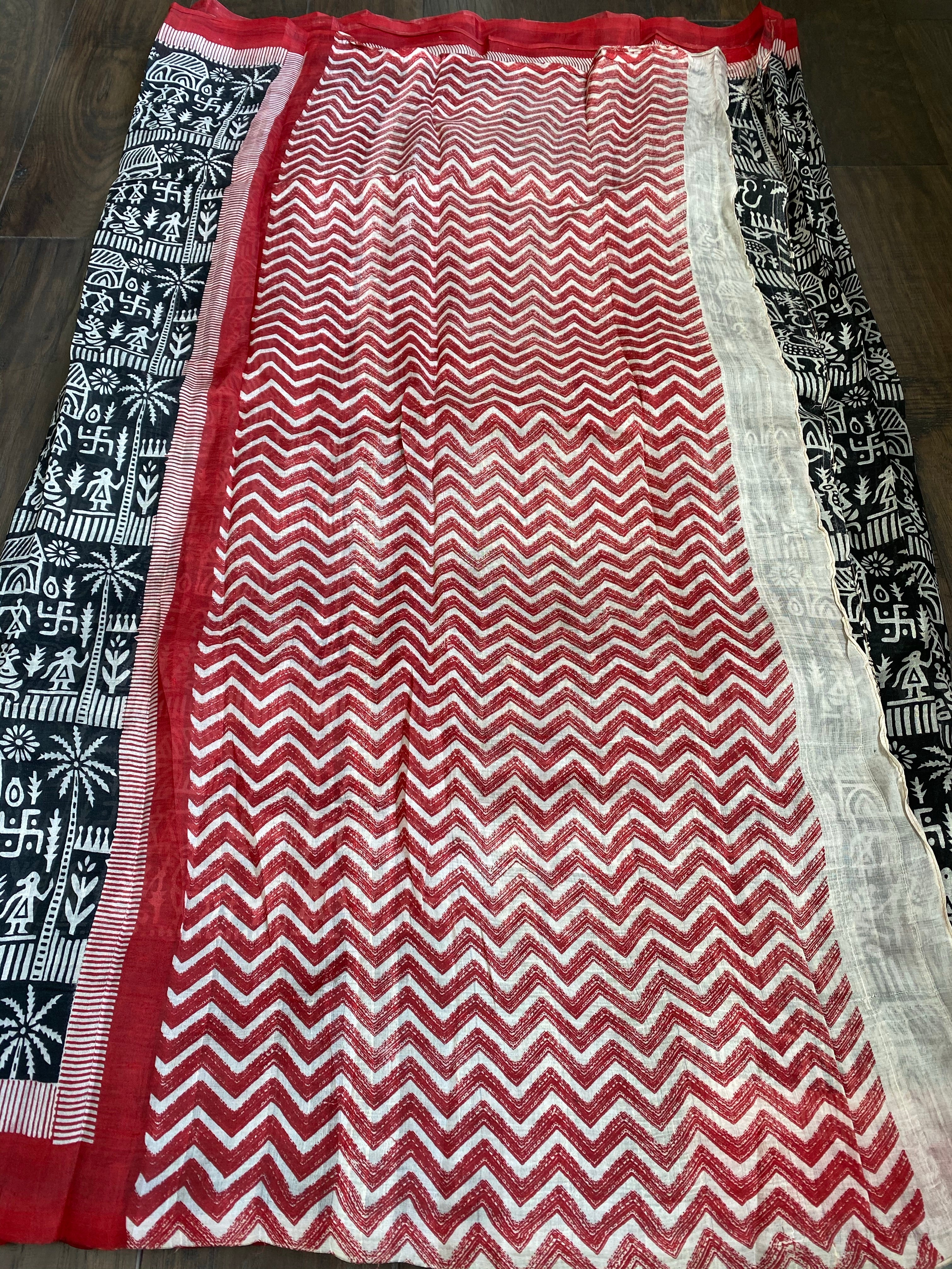Pure Murshidabad Silk - Black White Red Printed