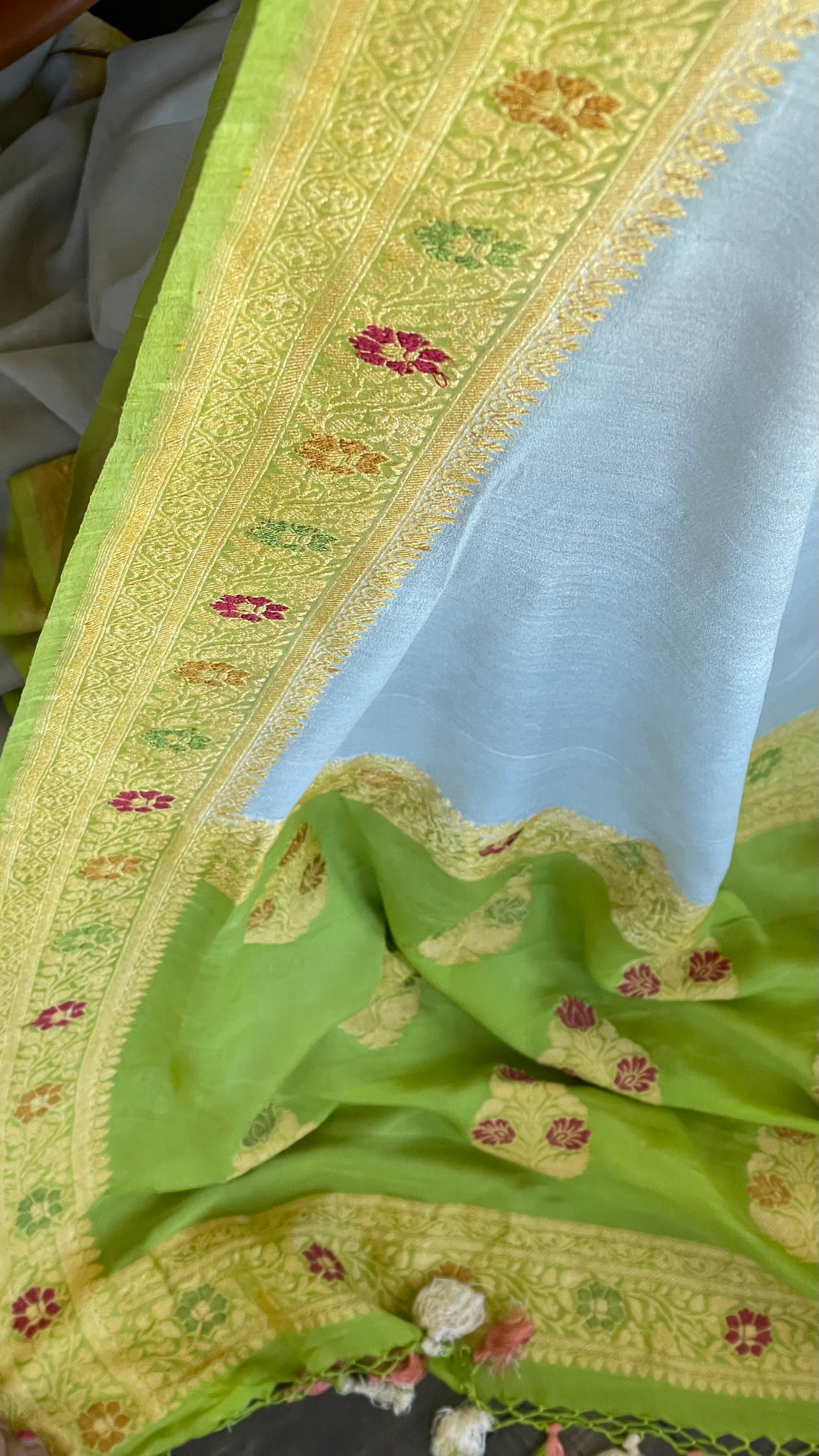 Khaddi Georgette Banarasi - Grey Green Meenakari