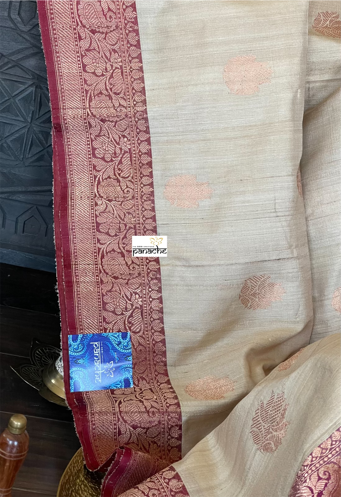 Pure Tussar Silk Banarasi - Beige Maroon