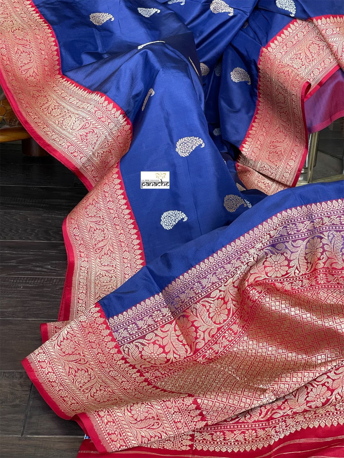 Pure Silk Katan Banarasi - Navy Blue Red Kadhwa
