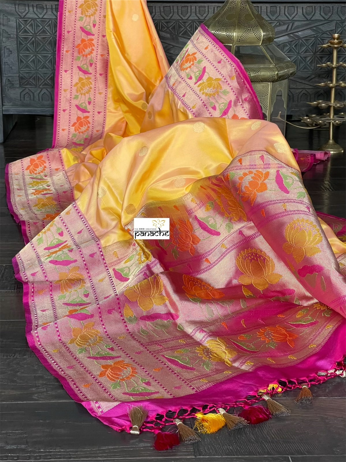 Pure Silk Katan Paithani Banarasi - Yellow Pink Kadhwa