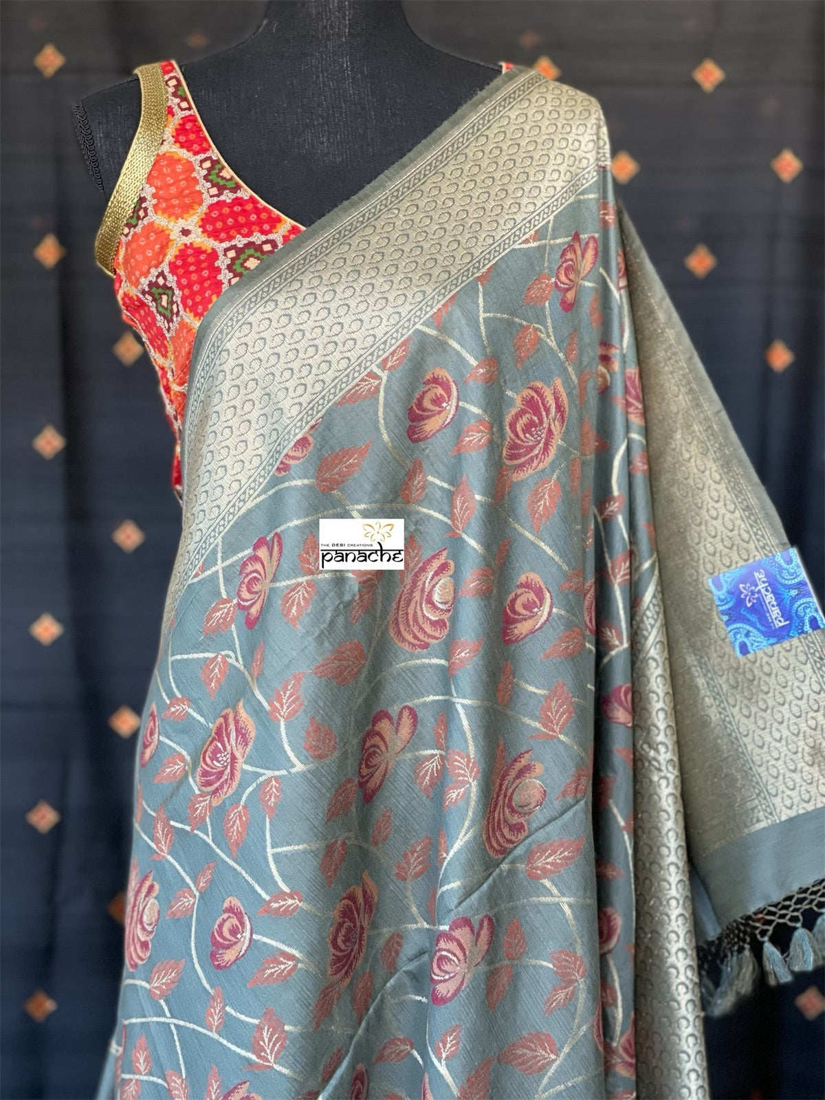 Muga Silk Banarasi - Grey Maroon Golden Zari