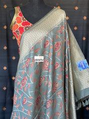 Muga Silk Banarasi - Grey Maroon Golden Zari