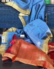 Pure Raw Silk -  Grey Body Red Pallu