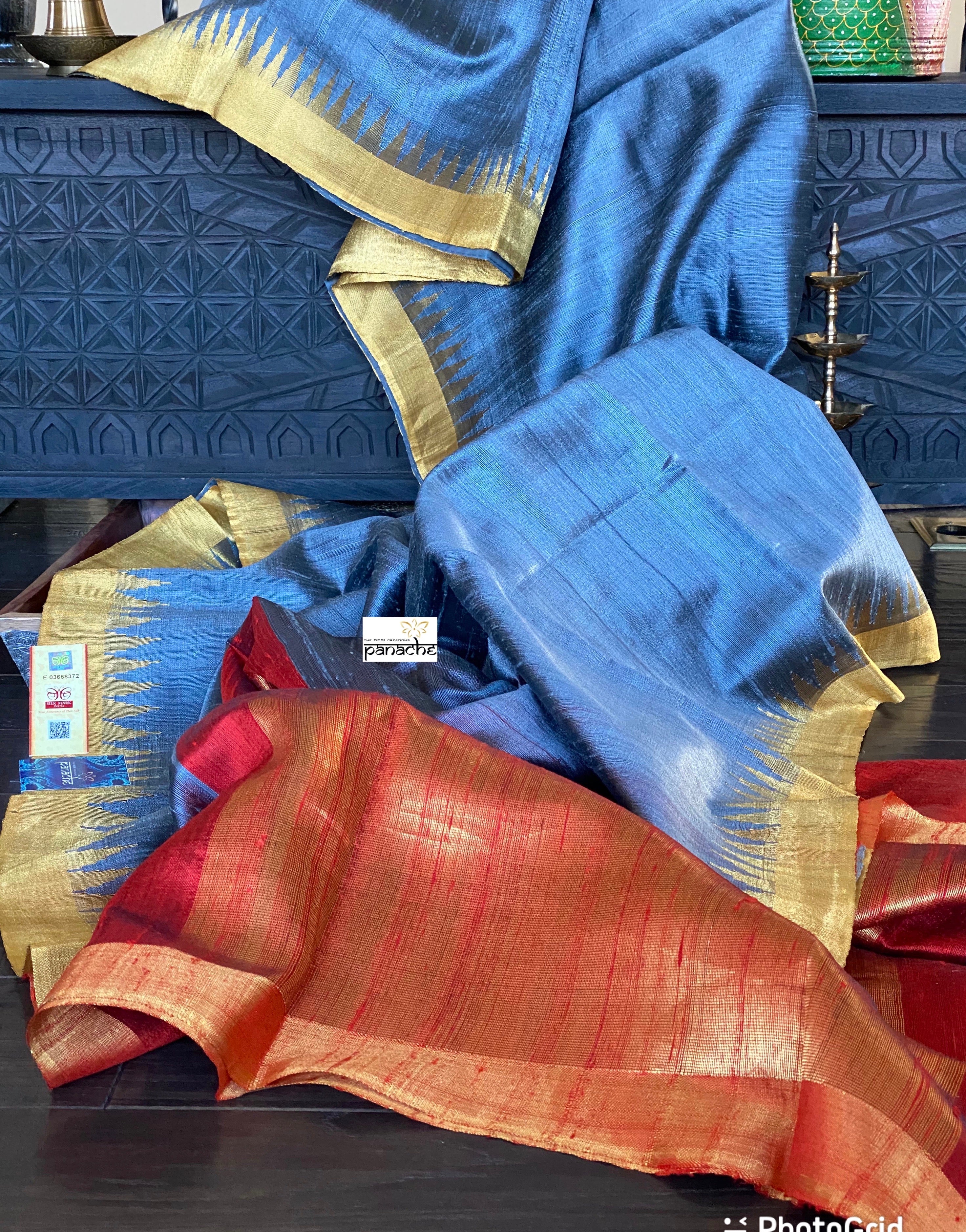 Pure Raw Silk -  Grey Body Red Pallu