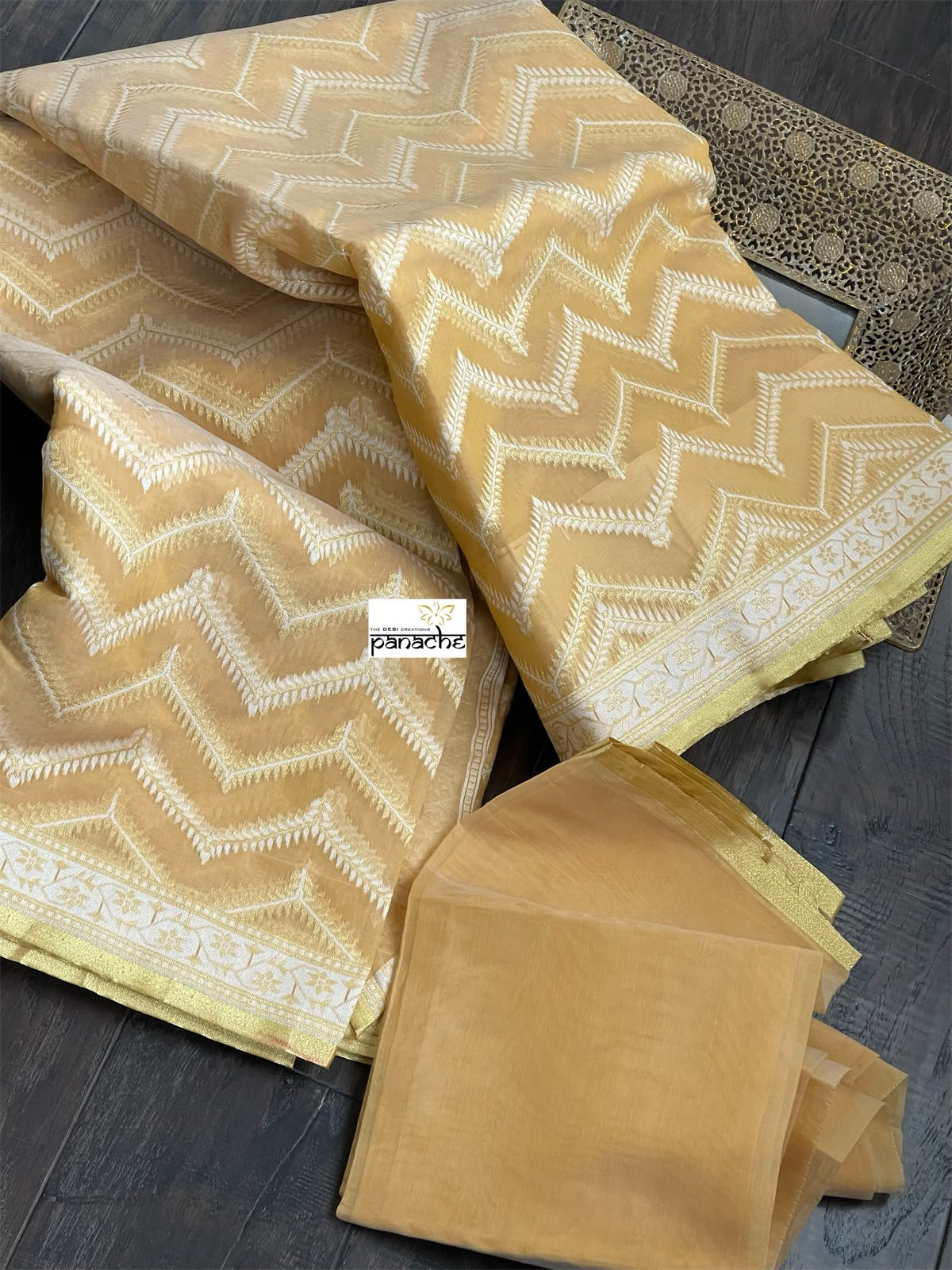 Kora Cotton Chanderi Banarasi - Light Ochre Yellow Paithani Border