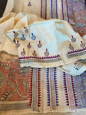 Pure Tussar Silk Kantha Stitch - Beige Multi Color